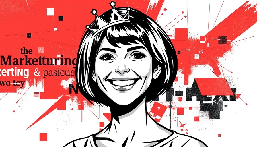 Stylized marketing illustration with a smiling woman, monochrome design, abstract background.