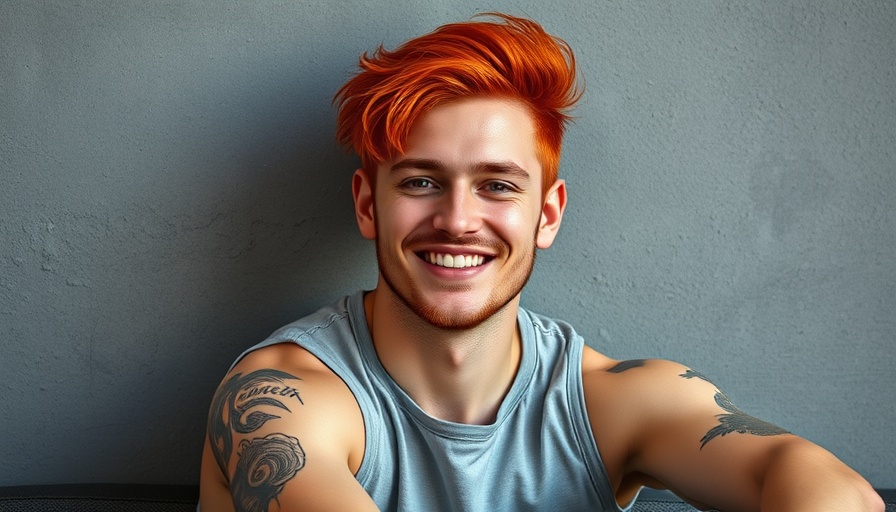 Bright-haired man with tattoos, relaxed pose.