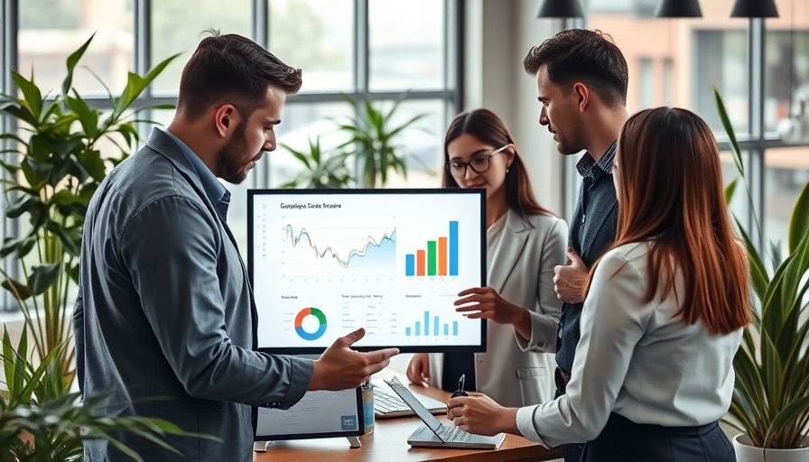 Entrepreneurs discussing pricing strategy with financial charts on screen.