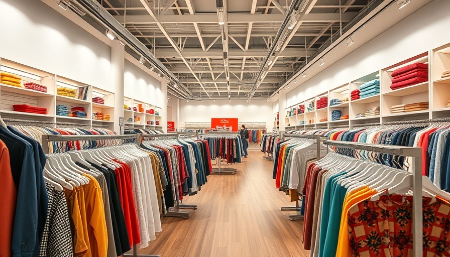 Retail store interior with organized clothing racks and vibrant display.