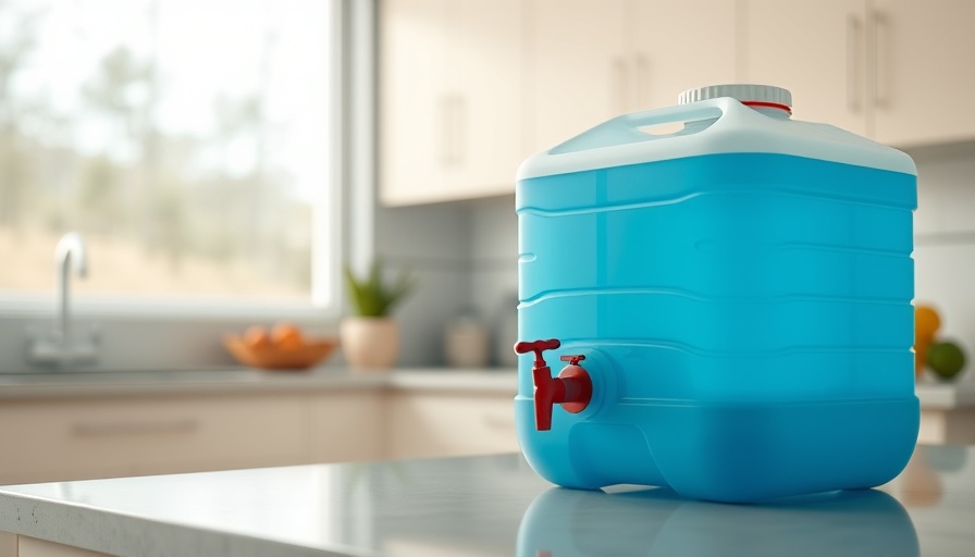 Essential basic prepper item: blue water storage container with spigot in kitchen.