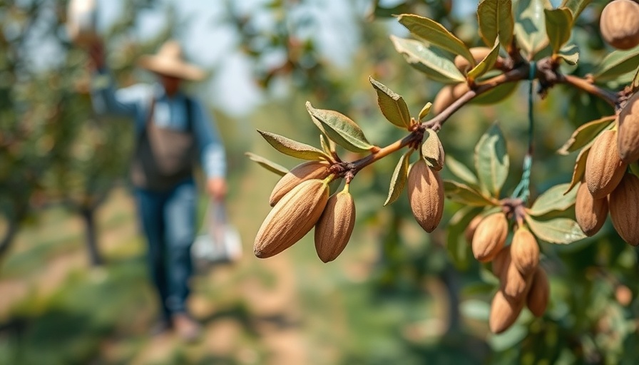 Almonds on branch in orchard affected by climate change