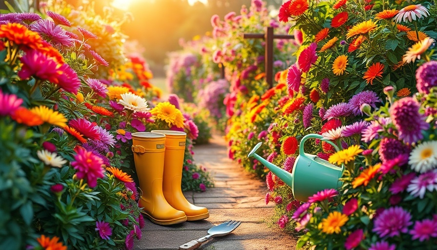 Biblical Flower Garden with vibrant blooms and tools in sunlight.