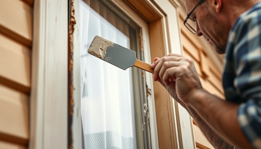 Person repairing a rotting window frame with putty outdoors.