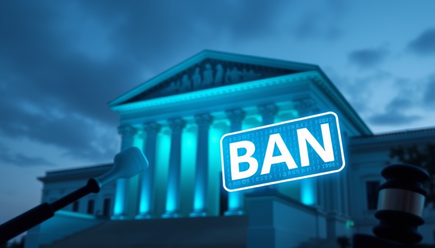 Futuristic gavel symbolizing AI regulation ban against courthouse backdrop.