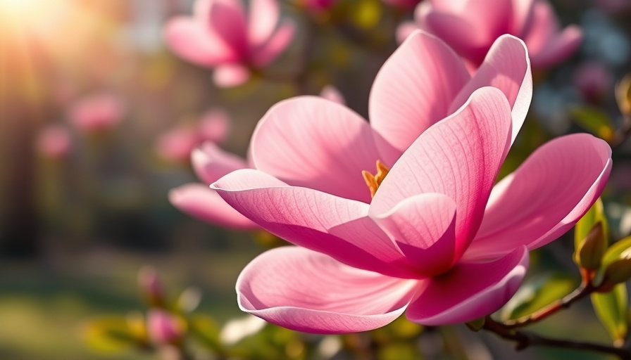 Pink magnolia blossoms in sunlight, showcasing blooming beauty in garden.
