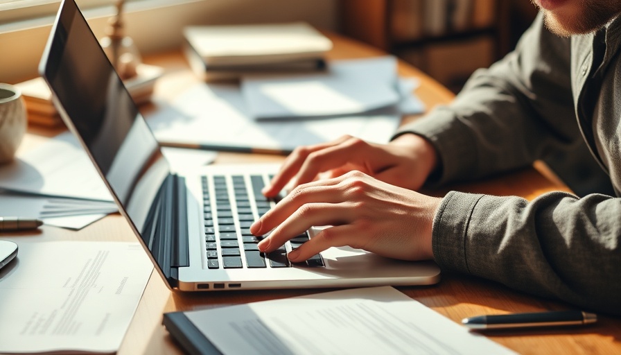 Hands typing on laptop surrounded by business documents.