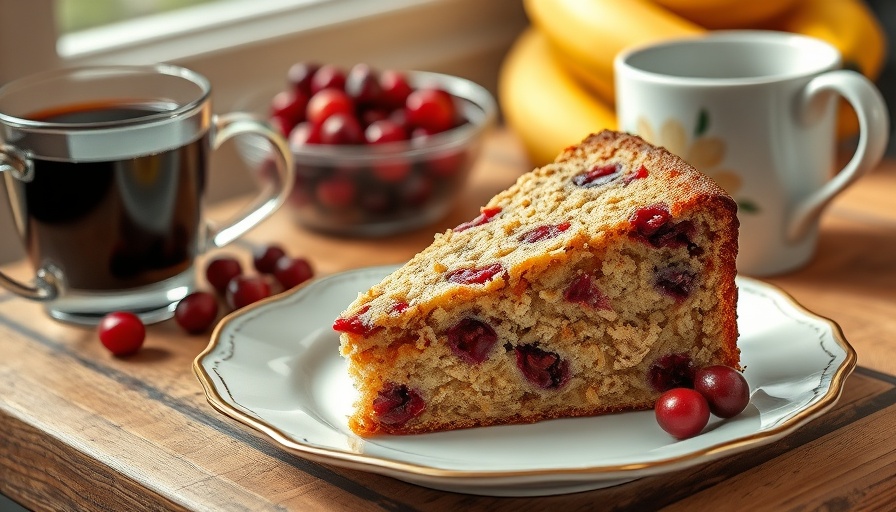 Cranberry Banana Coffee Cake slice with coffee cup and fruits.