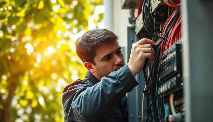 Technician adjusting wires on an outdoor electrical panel, photorealistic.