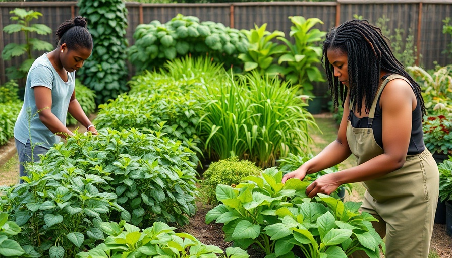 Community gardeners sharing home gardening ideas in a lush garden.