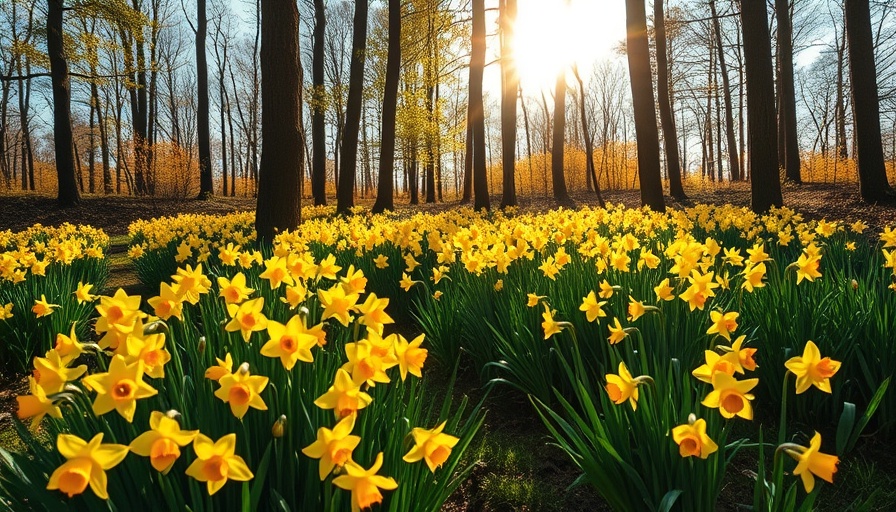 Beautiful home gardening scene with daffodils in a forest setting.