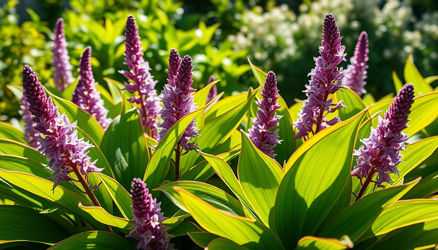 Lush hosta plants with purple flowers, sunny garden view.
