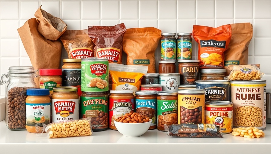 Assorted survival foods stockpile on kitchen counter.