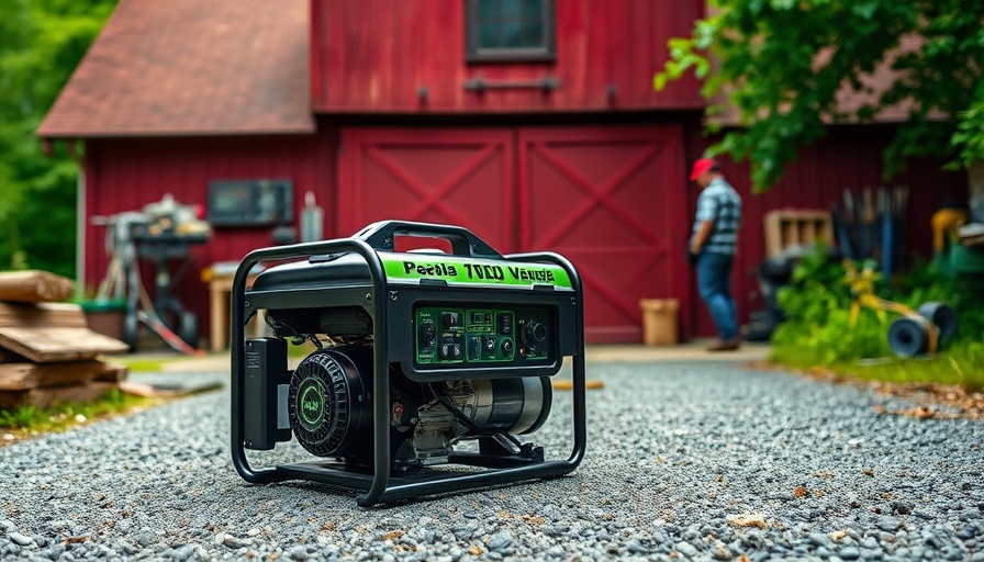 Portable generator on gravel driveway in front of a red barn, daytime.