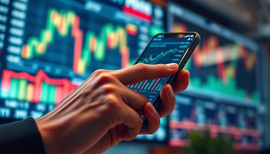 Analyzing financial graphs on smartphone with stock data in background, illustrating the impact of tariffs on retailers.