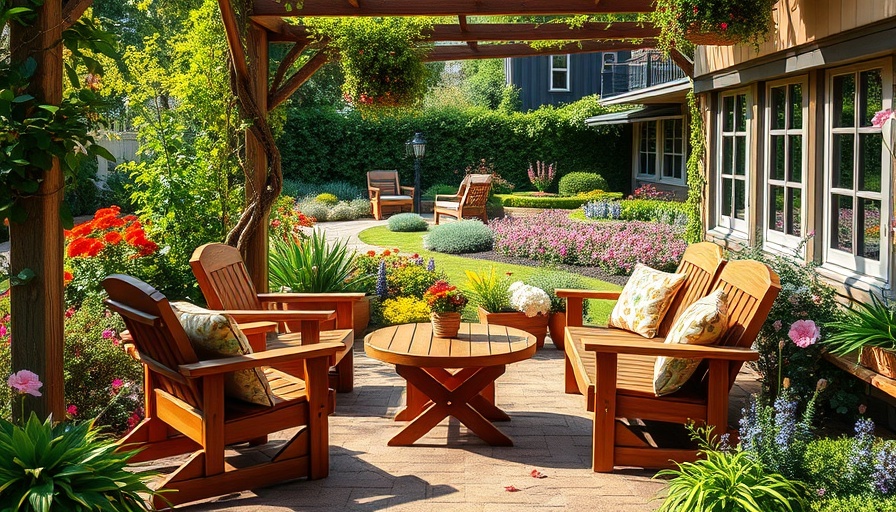 Charming garden patio with wooden furniture and vibrant greenery.