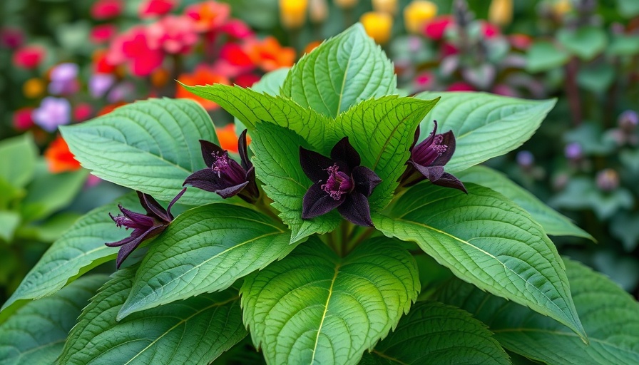 Northern Chinese Mayapple with leaves and dark purple flowers in garden.