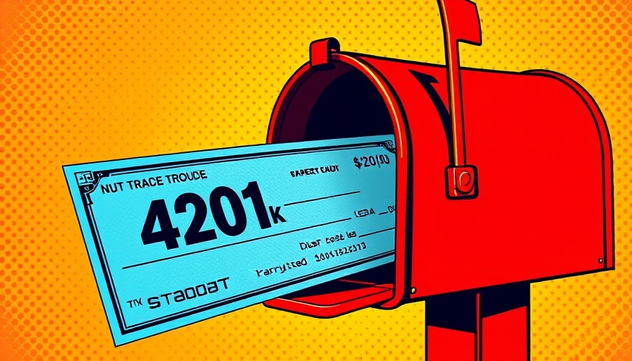 401(k) paper check emerging from red mailbox, vintage style.