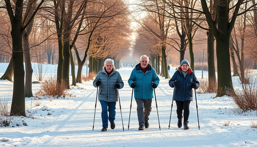 Elderly individuals walking with trekking poles in a snowy park.