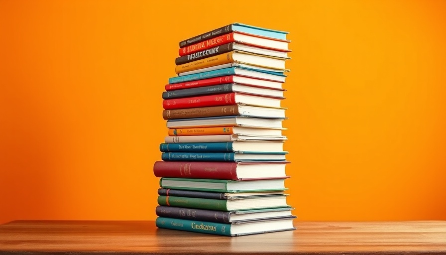 Tower of career books for leaders on desk, orange backdrop.