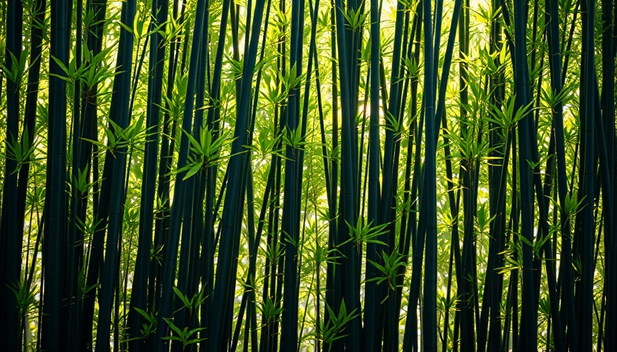 Dense black bamboo groves in sunlight.