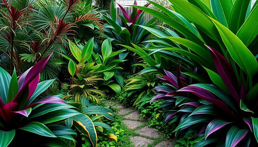 Small space gardening with tropical plants along a narrow garden path