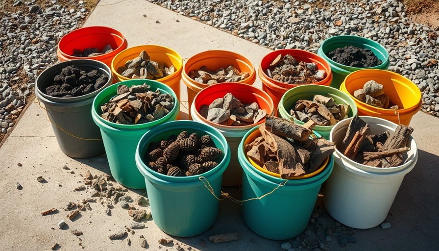 Emergency fuel for survival: buckets with charcoal, pine cones, and wood.