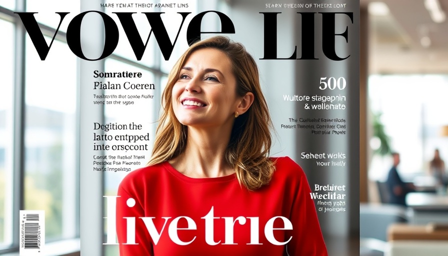 Magazine cover featuring a woman in a red top
