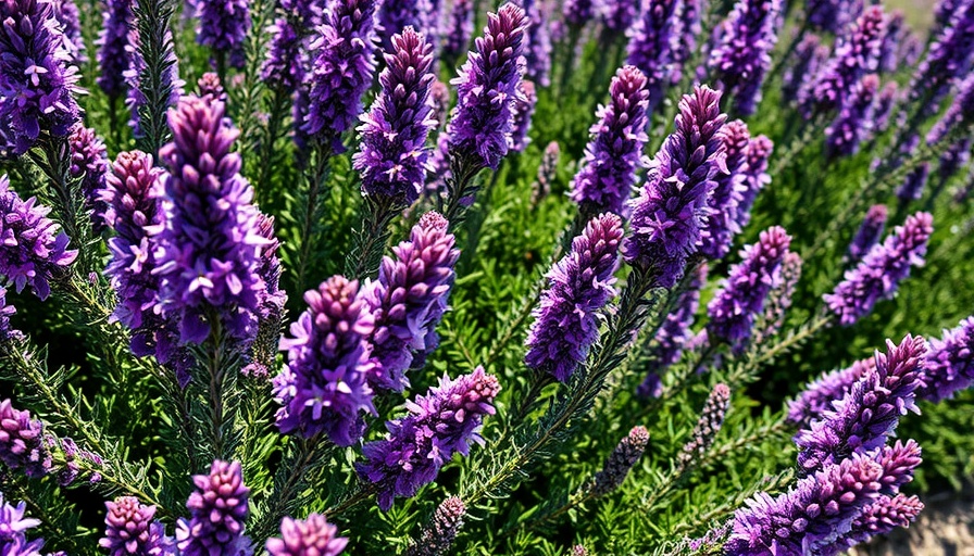 Lush rosemary varieties with purple blooms in a garden