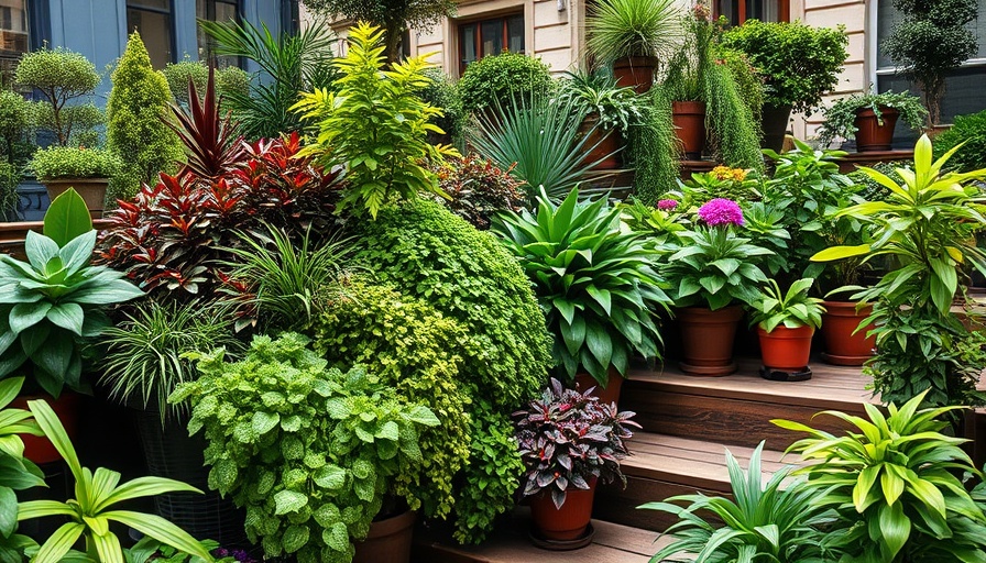 Urban oasis with container gardening on steps, vibrant foliage.