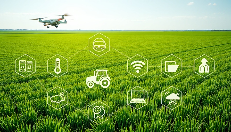 Climate-smart agriculture technology icons over a green field.