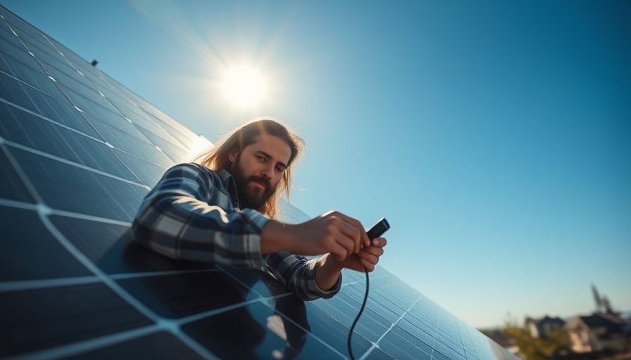 Man installing solar panels off-grid under clear blue sky.