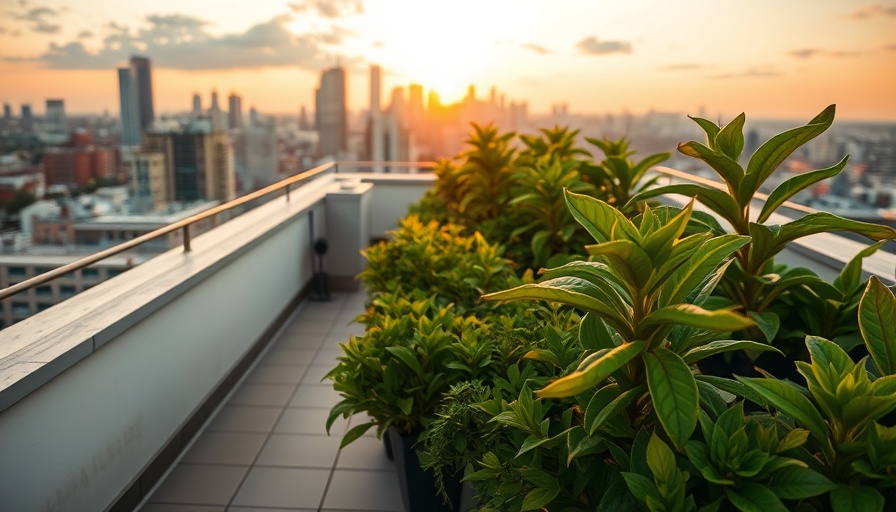 Peaceful home gardening scene on a rooftop with city skyline.