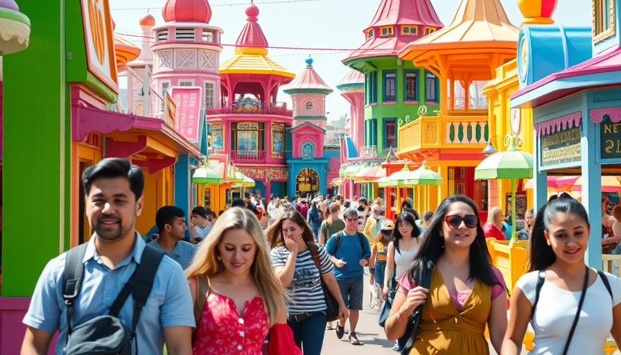 Vibrant theme park with playful architecture and visitors enjoying.