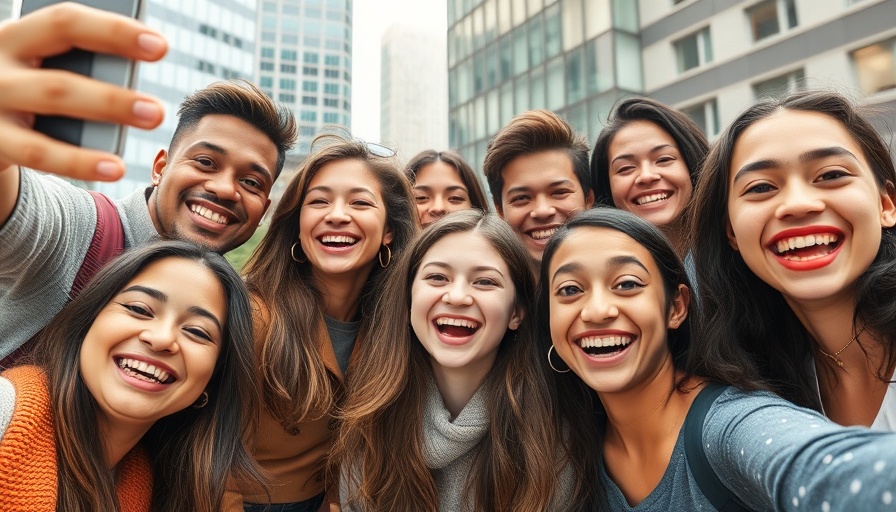 Diverse group smiling for selfie in urban setting, business risk taker strategies.