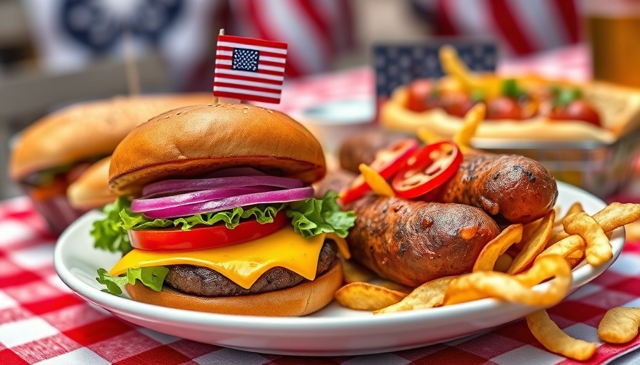 Memorial Day menu ideas with a cheeseburger and hot dog.