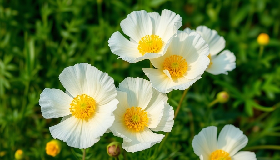 Vibrant white California tree poppies with yellow centers