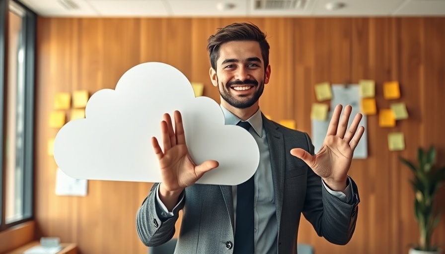 Confident young man with cloud cutout, representing cloud retail business success.