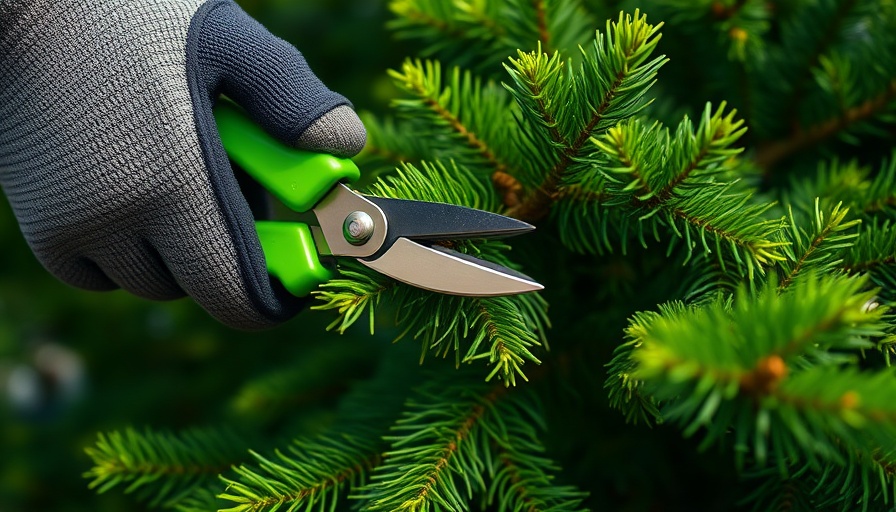 Hand pruning conifer branch with green shears, close-up.