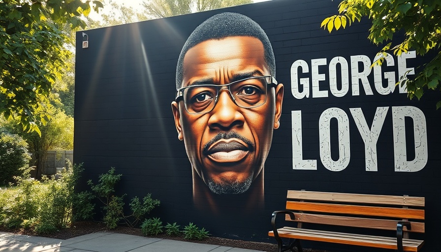 George Floyd mural on wall, memorial setting with greenery.