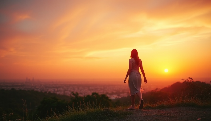 Woman enjoying sunset on hill with city skyline, micro-vacations for productivity.