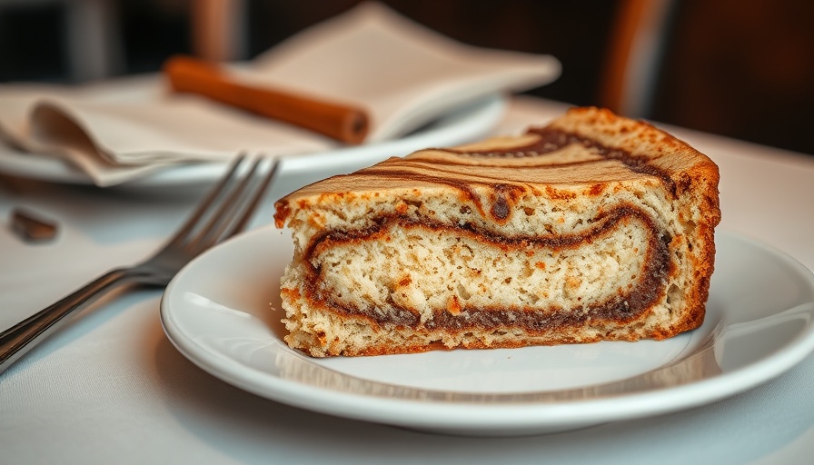 Slice of moist cinnamon coffee cake on a plate.