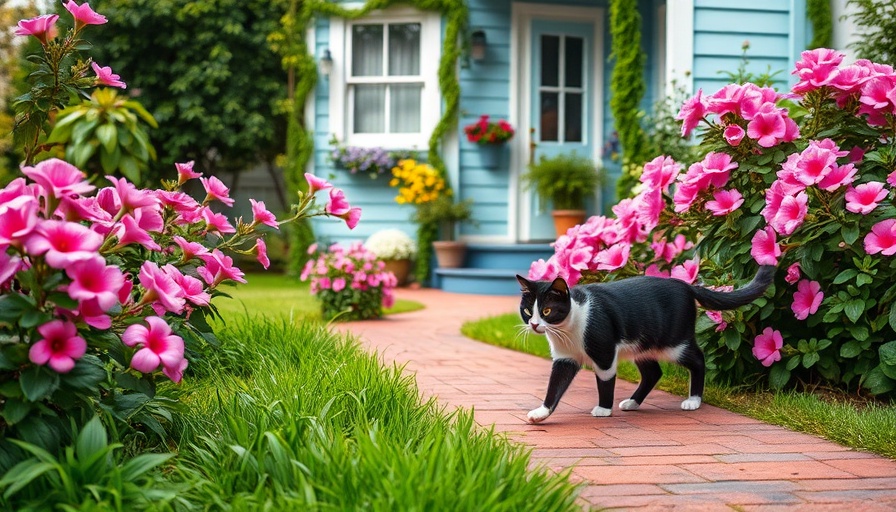 Charming home garden scene with cat and pink flowers, home gardening.