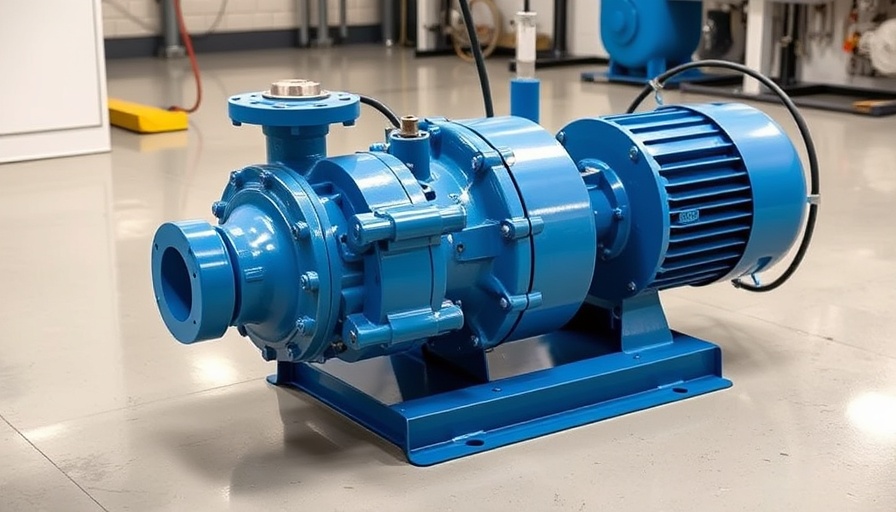 Blue water pump with pipes on an industrial floor, equipment maintenance.