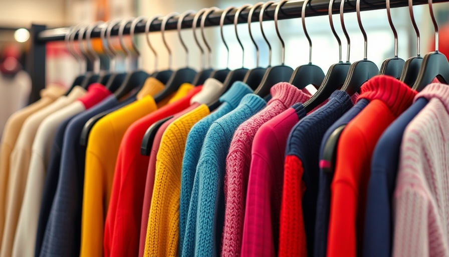 Colorful sweaters on display at a second-hand shop, promoting sustainable shopping.