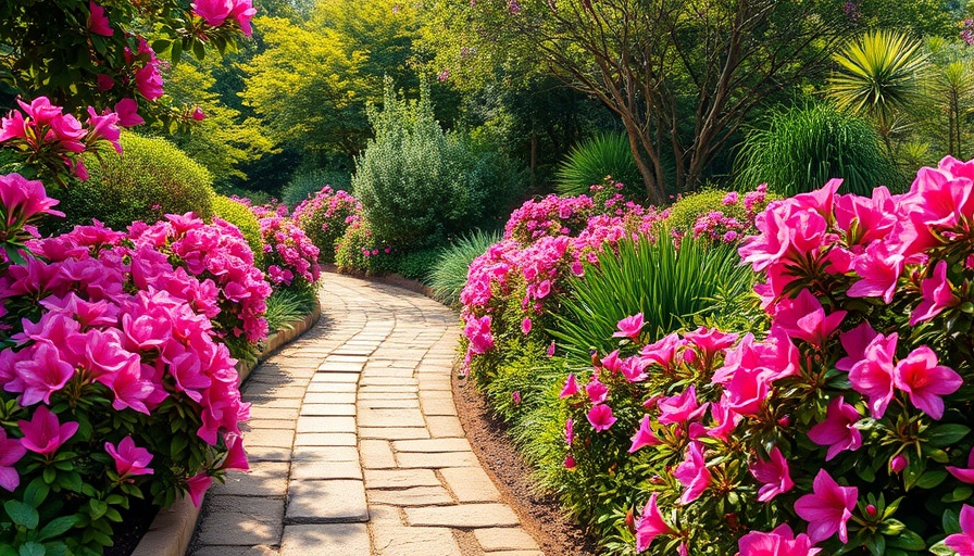 Lush home gardening scene with stone path and colorful azaleas.