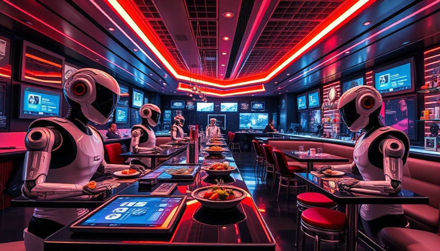 Futuristic restaurant with robots showcasing autonomous technology.