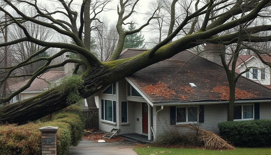 Fallen tree crushing house roof exemplifies windstorm preparedness.