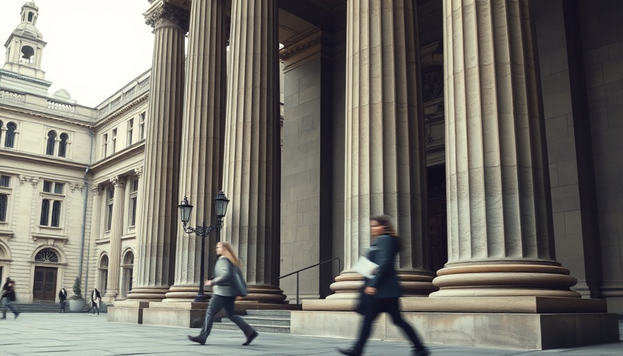 Figures walking by large pillars, symbolic of Ponzi scheme veterans.