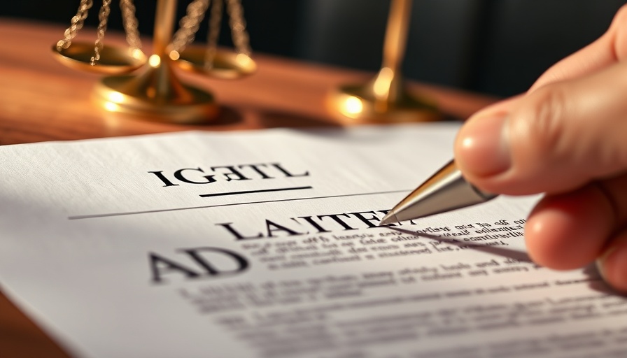 Close-up of legal document being signed, scales of justice visible.